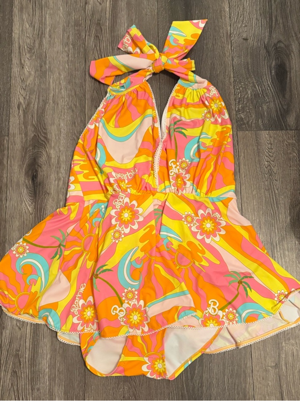 Unique Vintage x BARBIE vibrant Retro Floral Halter Swim Dress